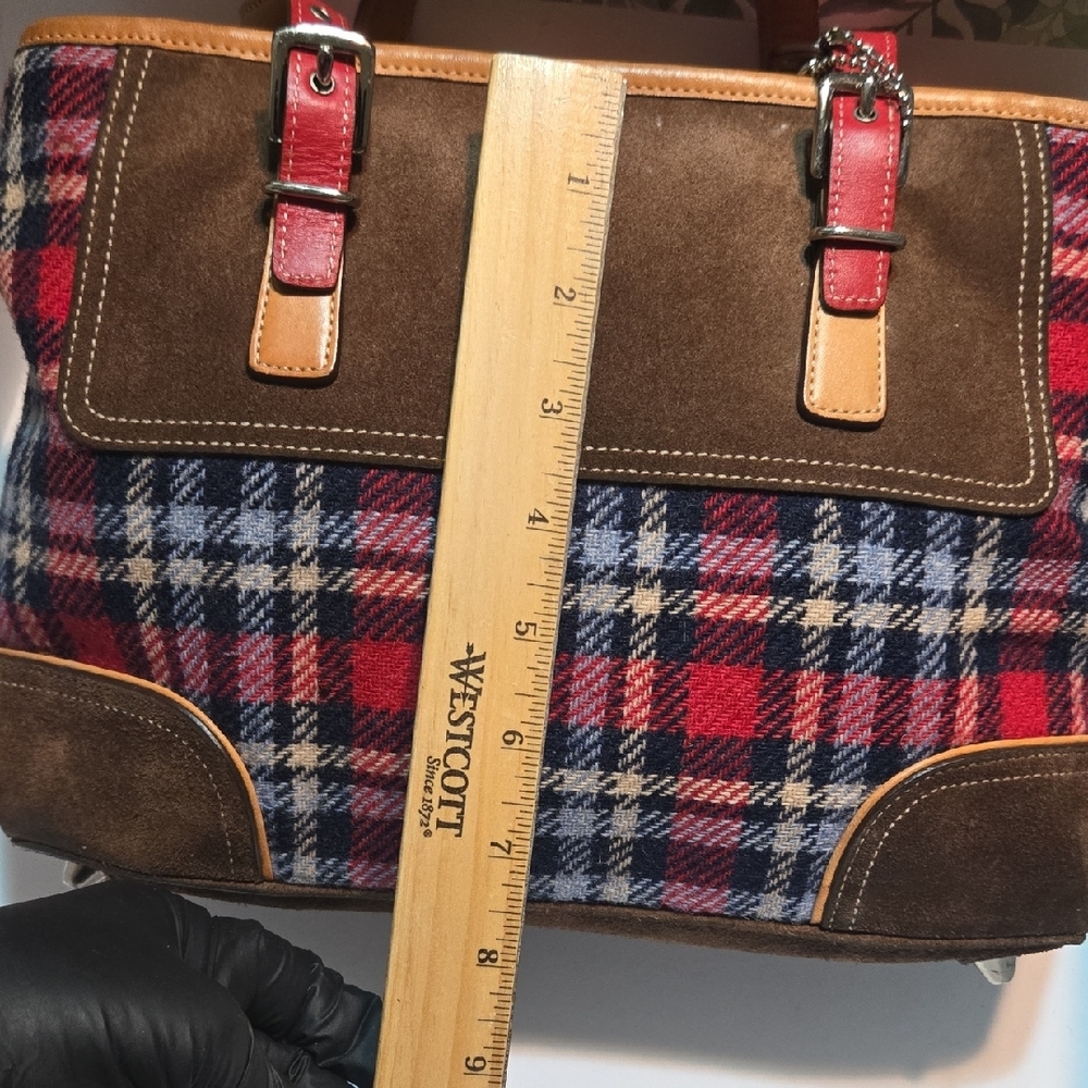 Coach Plaid Tote with Red and Brown Leather - Picture 9 of 16